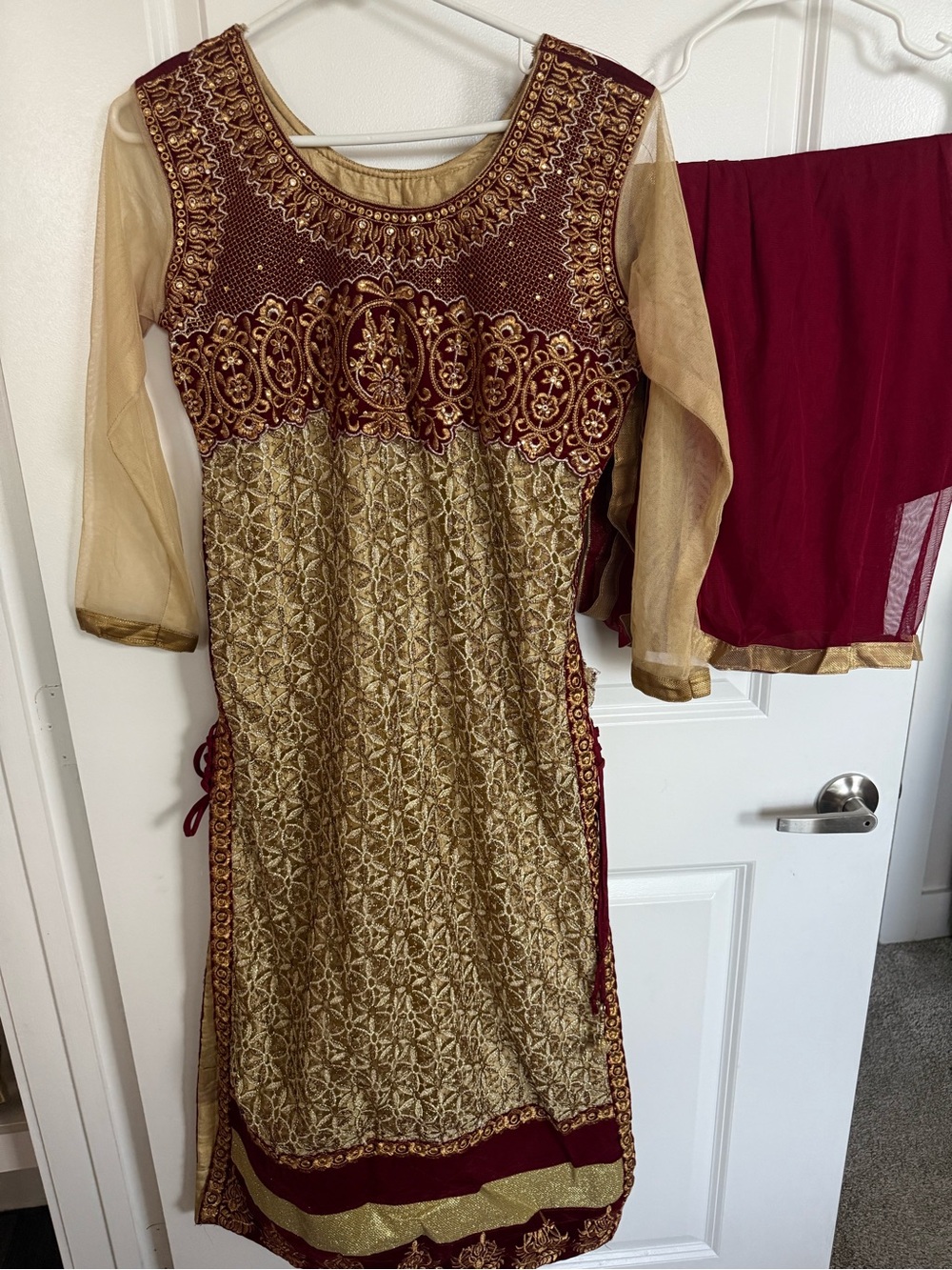 Gold and Maroon Embroidered Women's Dress